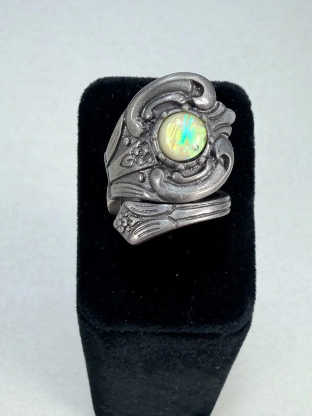Vintage Opal Style Art Nouveau Statement Ring Silver Tone Cocktail Jewelry